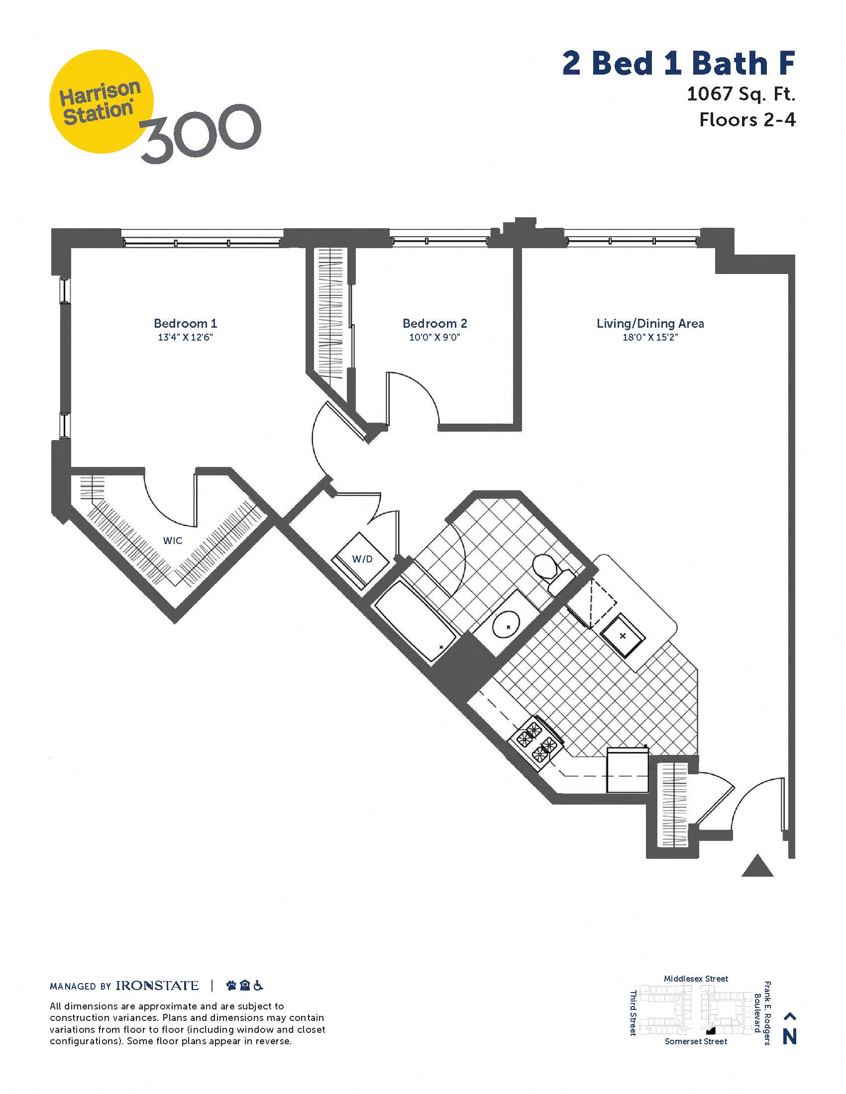 Floor plan for 2 beds, 1 bath, 1067 sqft